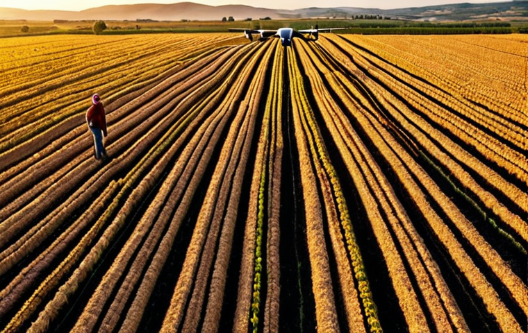 **A vibrant Turkish farm at sunset:** Golden light illuminates rows of crops, with a modern drone hovering overhead. In the background, a farmer uses a tablet to monitor soil sensors. The scene emphasizes technology and sustainable agriculture in a rural Turkish setting.