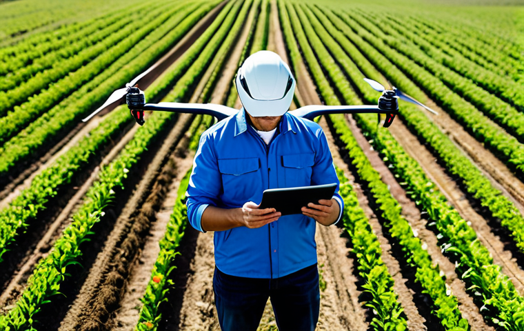 농업 자동 수확 기술 - Drone-Based Field Analysis**
"A fully clothed agricultural engineer inspecting data on a tablet in ...