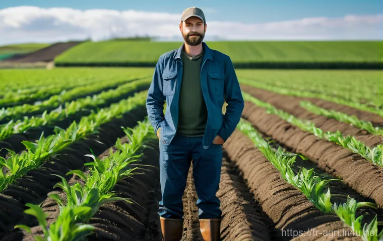 농업 인공지능 활용 - **A modern farmer observing real-time crop data.**
A detailed, wide shot of a contemporary farme...