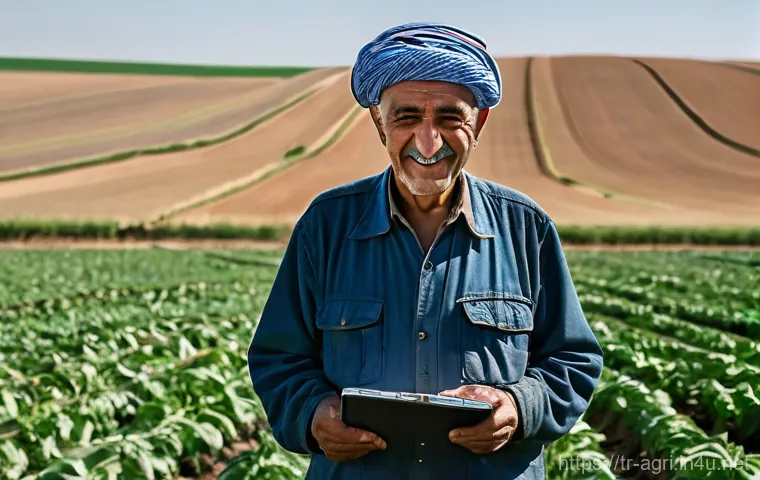 농업 수질 관리 - **A Wise Turkish Farmer and Modern Water Management:**
A medium shot of an elderly, wise-looking...