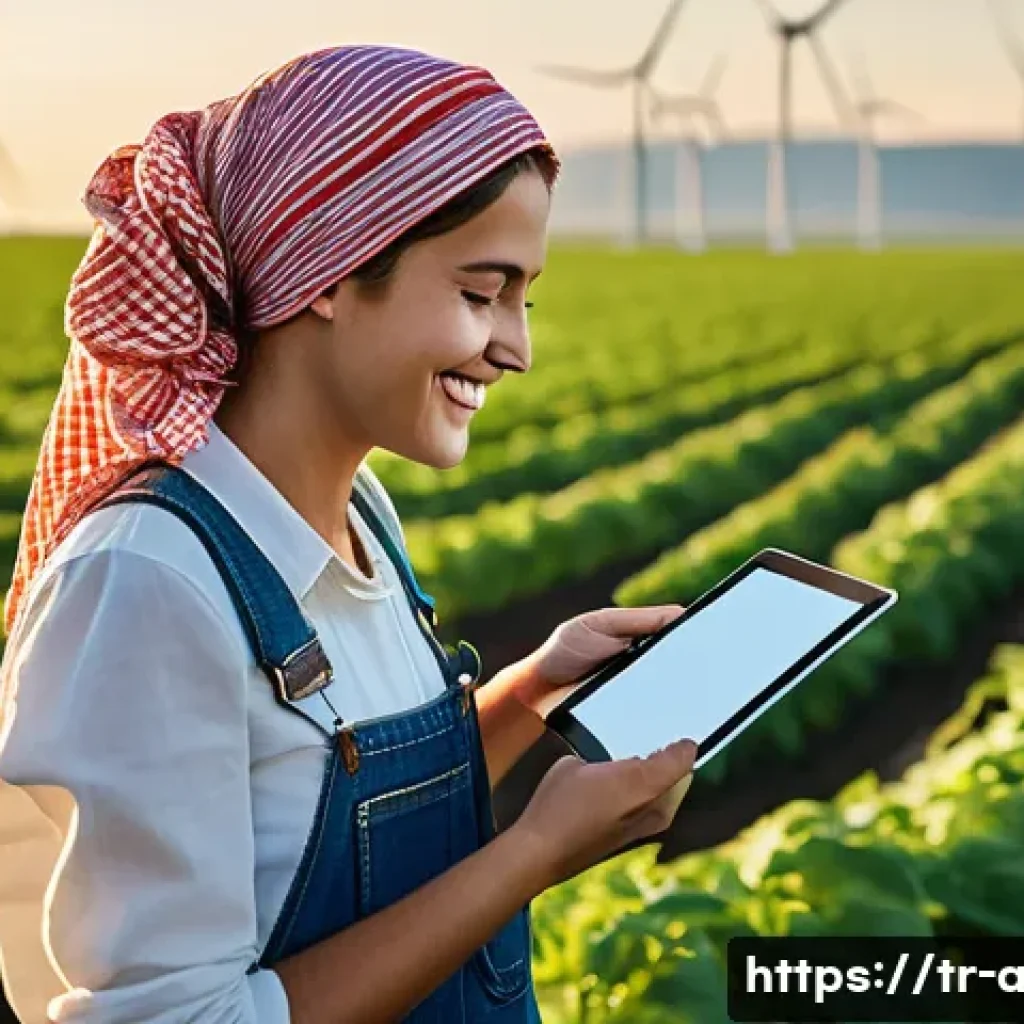 농업 스마트 팜 플랫폼 분석 - **Prompt:** A sun-drenched Turkish field at golden hour. A young, smiling female farmer in denim ove...