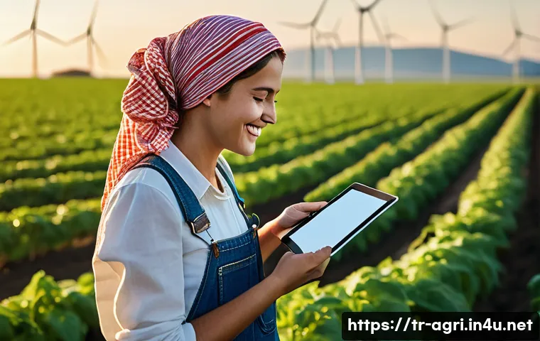 농업 스마트 팜 플랫폼 분석 - **Prompt:** A sun-drenched Turkish field at golden hour. A young, smiling female farmer in denim ove...