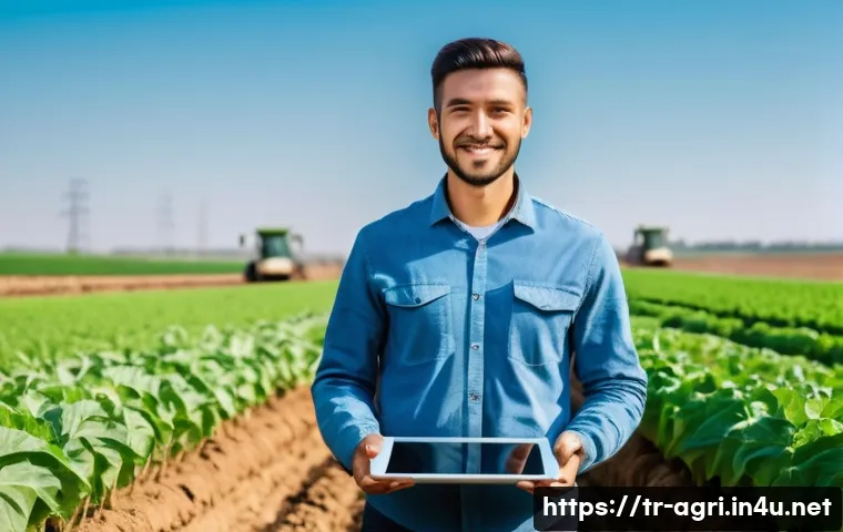 농업 연구소 협력 사례 - **A Young Farmer Embracing Smart Agriculture:** A wide, panoramic shot of a meticulously cultivated ...